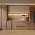 Modern Wooden Sideboard In Kitchen With Storage Cabinets Drawers And LED Lighting