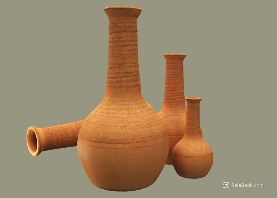 Decorative Handcrafted Terracotta Vases With Various Shapes Sizes And Striped Texture 3d model 