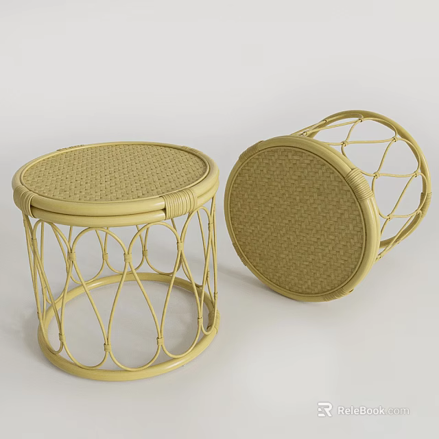 Yellow Round Side Table with Rattan Top and Metal Frame Modern Design 3d model 
