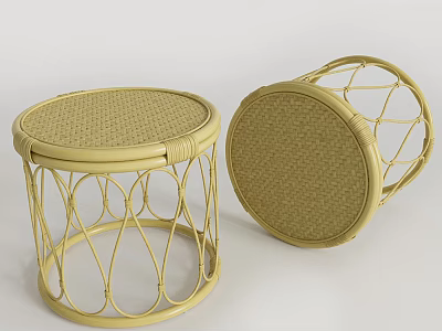 Yellow Round Side Table with Rattan Top and Metal Frame Modern Design 3d model