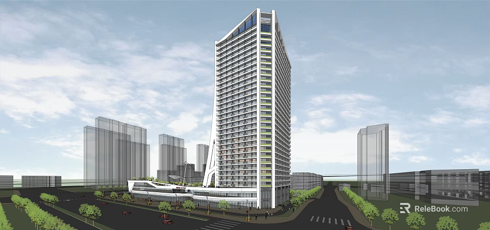 Modern High Rise Office Building With Glass Facade And Urban Surroundings 3d model 
