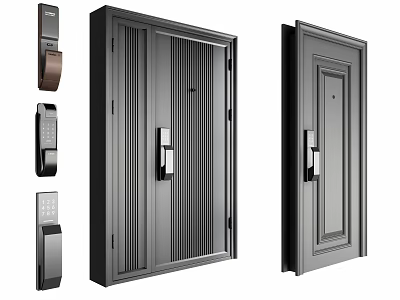 Modern Double Entry Doors With Striped Design And Security Lock Hardware 3d model