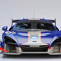 Blue Racing Car With Large Rear Wing Red Wheels Sporty Stripes And Number 220