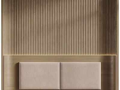 Modern Minimalist Bed Background Wall Design With Wooden Ribbed Panel And Beige Upholstered Headboard 3d model