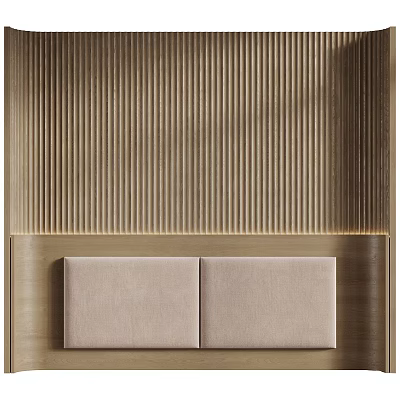 Modern Minimalist Bed Background Wall Design With Wooden Ribbed Panel And Beige Upholstered Headboard 3d model
