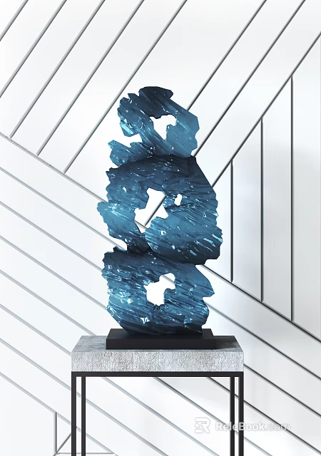 Modern Artistic Decorative Ornament Set With Blue Sculptural Design And Black Base 3d model 
