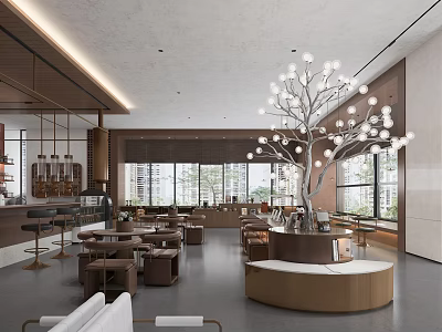 Modern Lounge Area Interior With Tree Shaped Lamp Wooden Furniture And Floor To Ceiling Windows 3d model