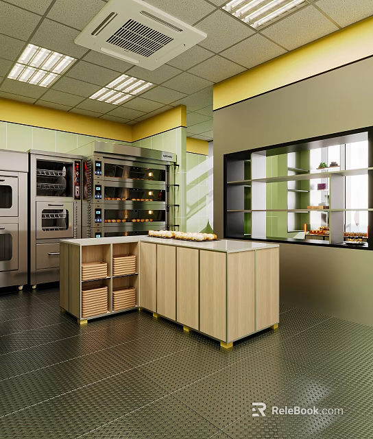 Modern Bakery Kitchen Area With Stainless Steel Ovens Wooden Counter And Displayed Pastries 3d model 