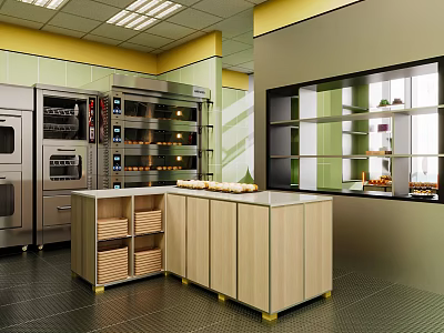Modern Bakery Kitchen Area With Stainless Steel Ovens Wooden Counter And Displayed Pastries 3d model