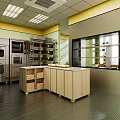 Modern Bakery Kitchen Area With Stainless Steel Ovens Wooden Counter And Displayed Pastries