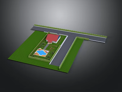 Residential Yard Layout With Green Lawn Red Roof House Blue Pool Driveway And Road 3d model