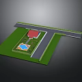 Residential Yard Layout With Green Lawn Red Roof House Blue Pool Driveway And Road