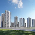 High Rise Residential Buildings in Urban Landscape With Blue Sky White Clouds Road Grassland Vehicles