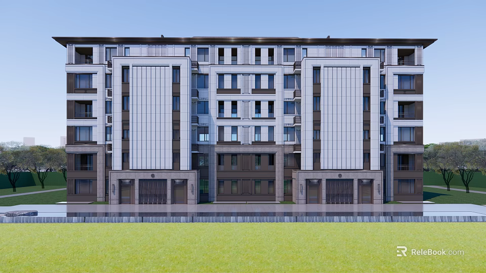 Modern Multi story Residential Building Exterior With Symmetric Facade Lawn And Water Reflection 3d model 