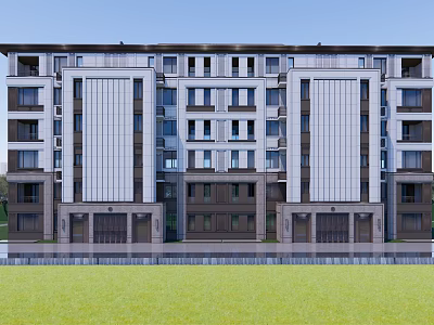 Modern Multi story Residential Building Exterior With Symmetric Facade Lawn And Water Reflection 3d model