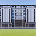 Modern Multi story Residential Building Exterior With Symmetric Facade Lawn And Water Reflection