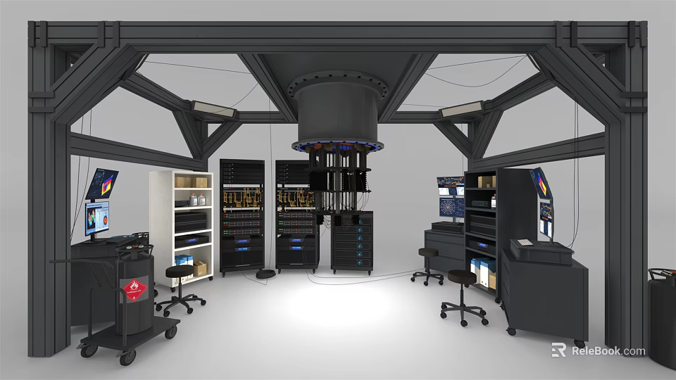 Advanced Laboratory Setup With Large Equipment Control Consoles And Storage Racks 3d model