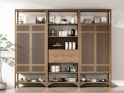 Elegant Chinese Style Wooden Display Cabinet With Tea Sets Books Vases And Decorative Items 3d model