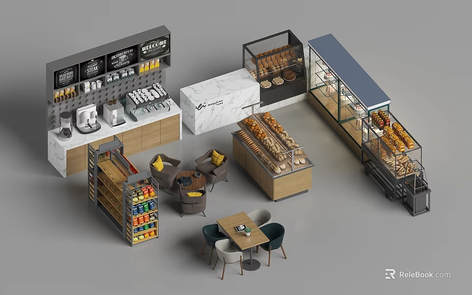 Bakery Retail Display Shelves With Glass Cases Bread Racks And Seating Area 3d model 