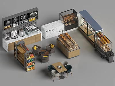 Bakery Retail Display Shelves With Glass Cases Bread Racks And Seating Area 3d model