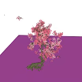 Two Blossoming Trees With Pink Flowers And Brown Trunks In Gray Background