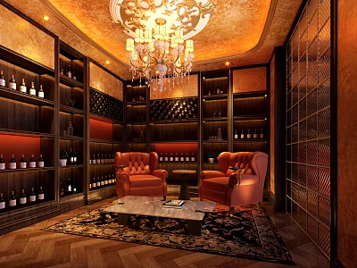 Elegant Wine Cellar Interior With Wooden Shelves Wine Bottles Red Armchairs Chandelier And Rug 3d model