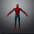 Man wearing Spider Man costume with red and blue suit standing against gray background