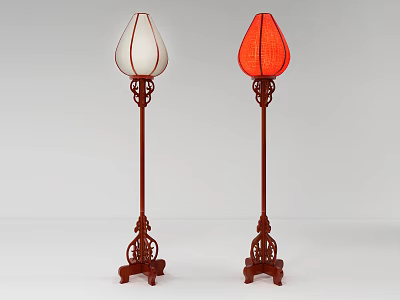Two Floor Lamps Featuring White and Red Lampshades with Wooden Carved Base and Stand 3d model