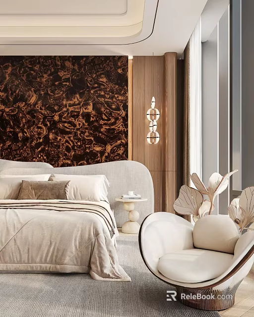 Bedroom Interior With Brown Patterned Wall Light Colored Bed White Nightstand Decorative Lamp And Chair 3d model 