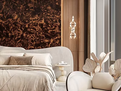 Bedroom Interior With Brown Patterned Wall Light Colored Bed White Nightstand Decorative Lamp And Chair 3d model