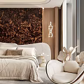 Bedroom Interior With Brown Patterned Wall Light Colored Bed White Nightstand Decorative Lamp And Chair