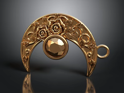Golden Crescent Shaped Decorative Accessory With Rose Carvings And Central Gemstone 3d model