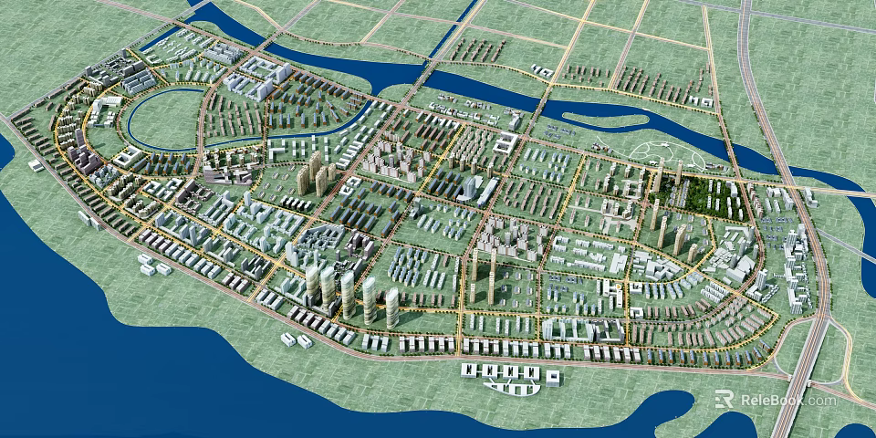 Urban Aerial Planning with River Road Network Building Clusters and Green Spaces 3d model 