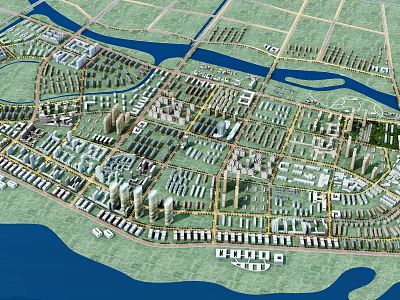 Urban Aerial Planning with River Road Network Building Clusters and Green Spaces 3d model