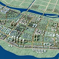 Urban Aerial Planning with River Road Network Building Clusters and Green Spaces