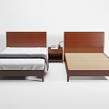 Two Single Beds With Wooden Headboards White Sheets Gray Blanket And Striped Mattress