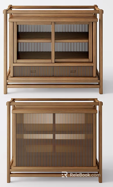 Natural Wooden Storage Shelf Cabinet With Open Shelves And Drawer Frame Design 3d model 