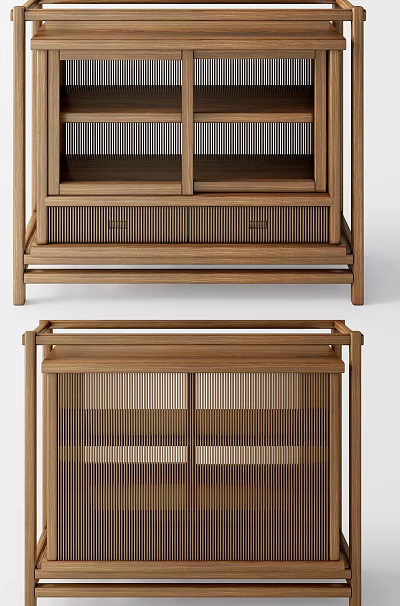 Natural Wooden Storage Shelf Cabinet With Open Shelves And Drawer Frame Design 3d model