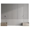 Modern Bed Background Wall Design With Gray Textured Panels And Wooden Storage Drawers