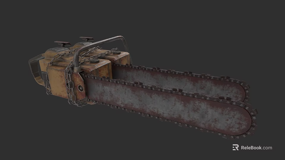 Old Rusty Chainsaw Weapon Featuring Metal Chain And Vintage Mechanical Design 3d model 