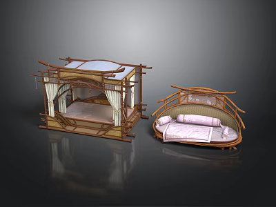 Traditional Bamboo Canopy Bed and Round Daybed with Curtains and Pink Mattresses 3d model