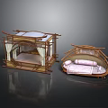 Traditional Bamboo Canopy Bed and Round Daybed with Curtains and Pink Mattresses