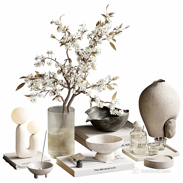 Stylish Decorative Ornament Combination With White Flower Branches Glass Vase And Sculptural Decor 3d model 