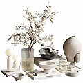 Stylish Decorative Ornament Combination With White Flower Branches Glass Vase And Sculptural Decor