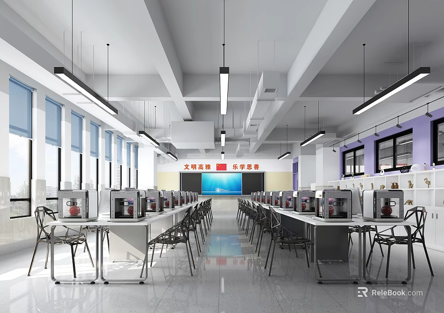 School Modern Computer Lab With Rows Of Computers And Bright Lighting 3d model 