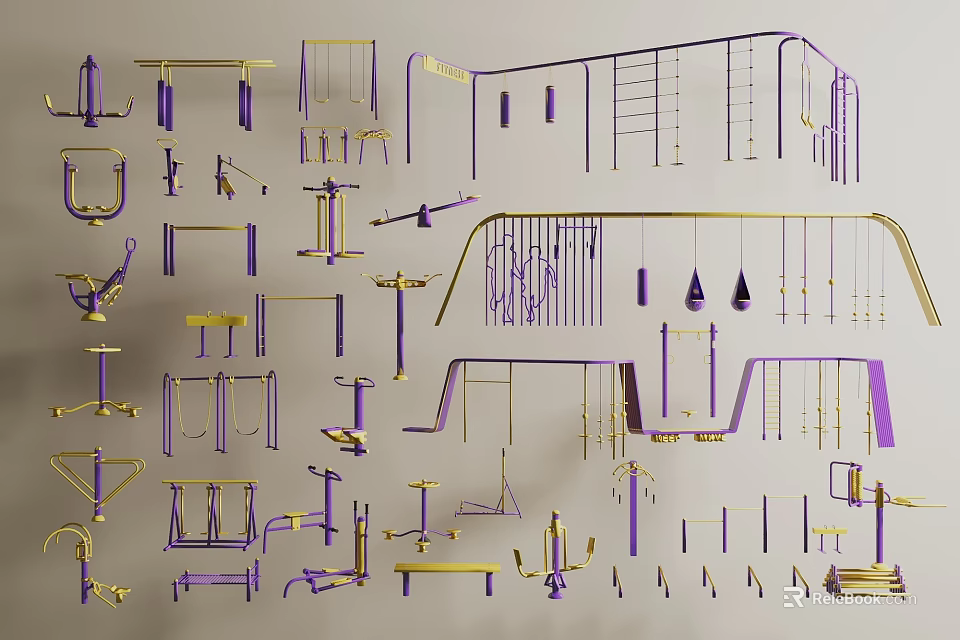 Public Facilities Featuring Outdoor Fitness Equipment Playground Climbers And Rest Benches 3d model 