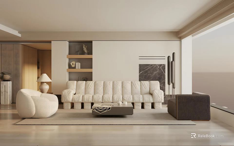 Modern Living Room Interior With Large White Sofa Coffee Table And Decorative Painting 3d model 
