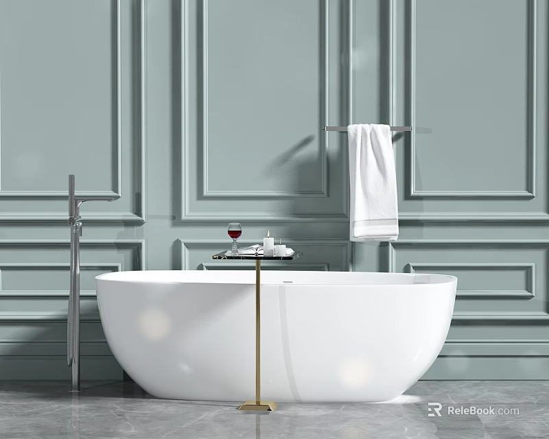 White Freestanding Bathtub Against Light Blue Paneled Walls With Gold Side Table And White Towel 3d model 