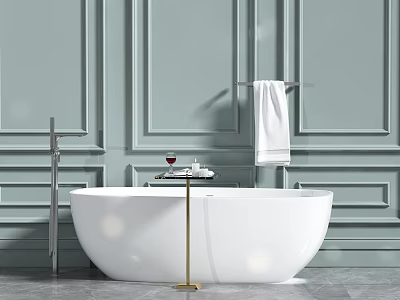 White Freestanding Bathtub Against Light Blue Paneled Walls With Gold Side Table And White Towel 3d model