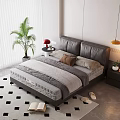 Gray Leather Double Bed with Bedside Table Lamp and Green Plant on Checkered Floor
